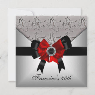 Invitación Cumpleaños 40 Joyero Floral Plateado Lazo Negro Ro