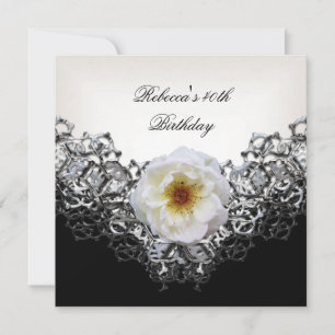 Invitación Cumpleaños 40 Lace Negro Blanco Flor Plata