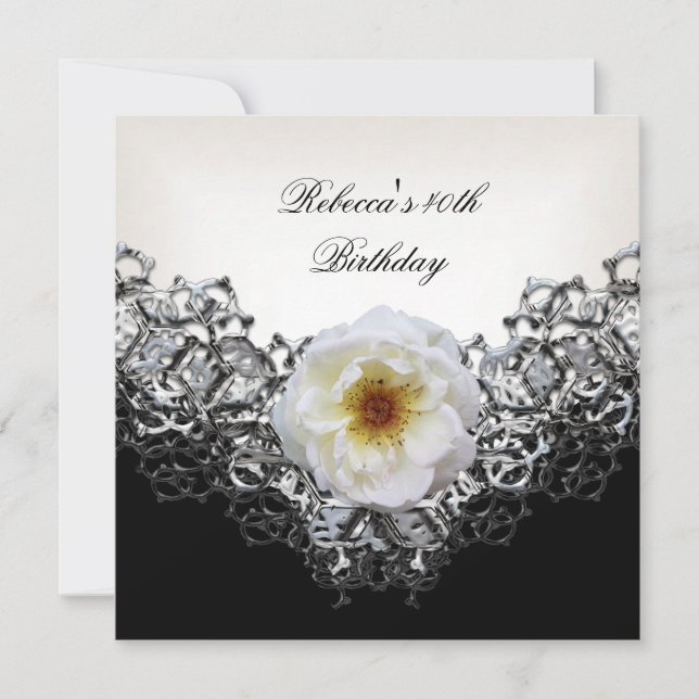 Invitación Cumpleaños 40 Lace Negro Blanco Flor Plata (Anverso)