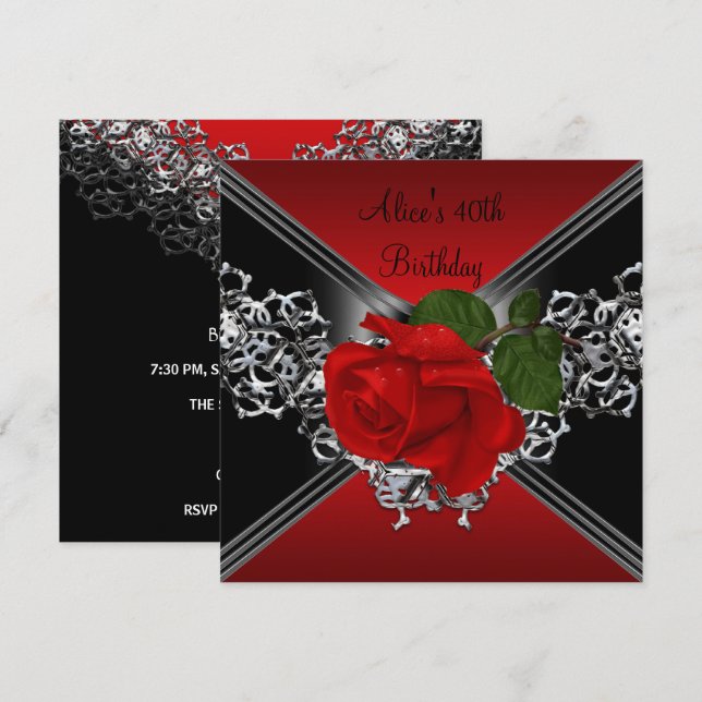 Invitación Cumpleaños 40 Lace Negro Blanco Plata Rosa ROJO (Anverso / Reverso)