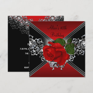Invitación Cumpleaños 40 Lace Negro Blanco Plata Rosa ROJO