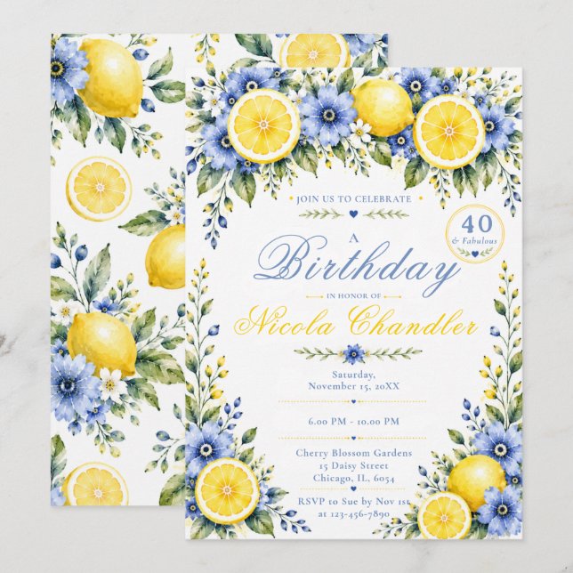 Invitación Cumpleaños 40 Lemon Blue (Anverso / Reverso)