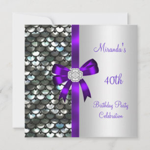 Invitación Cumpleaños 40 lentejuelas plateadas lazo diamante 