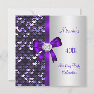 Invitación Cumpleaños 40 lentejuelas plateadas lazo diamante 
