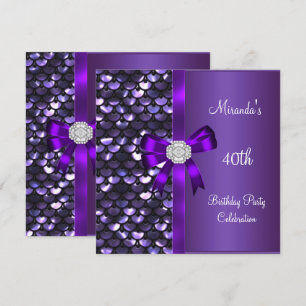 Invitación Cumpleaños 40 Lentejuelas Purpura Diamante Lazo