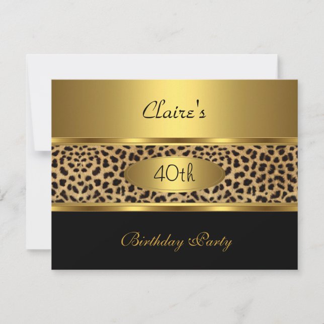 Invitación Cumpleaños 40 Leopardo Dorado Negro (Anverso)