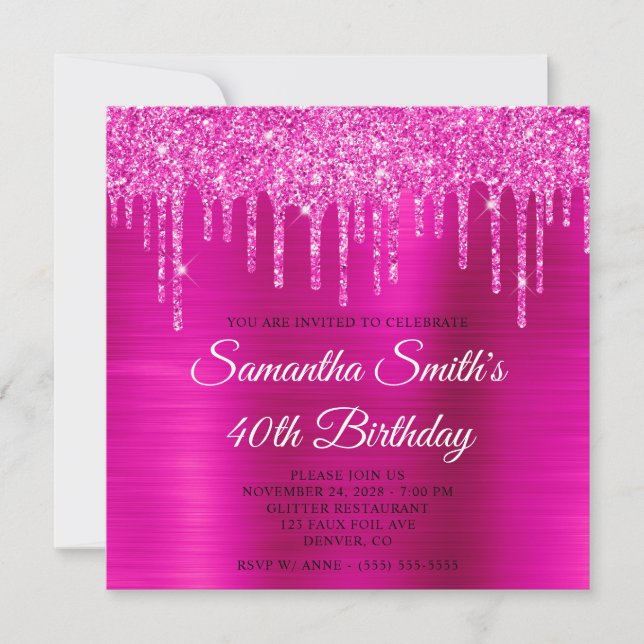 Invitación Cumpleaños 40 Magenta Glitter Drips Hoja Caliente  (Anverso)