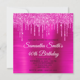 Invitación Cumpleaños 40 Magenta Glitter Drips Hoja Caliente