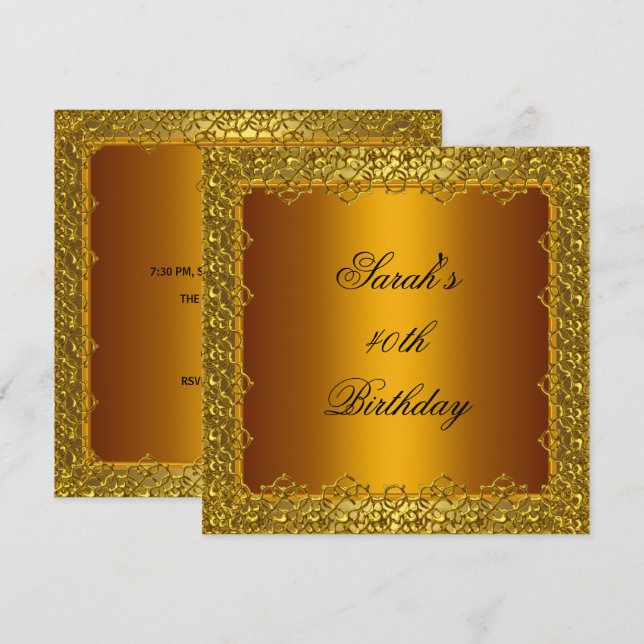 Invitación Cumpleaños 40 Marco de encaje dorado Amarillo (Anverso / Reverso)