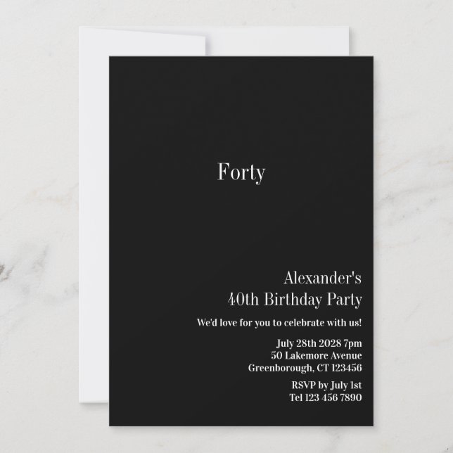 Invitación Cumpleaños 40 Minimalista Negro Blanco (Anverso)