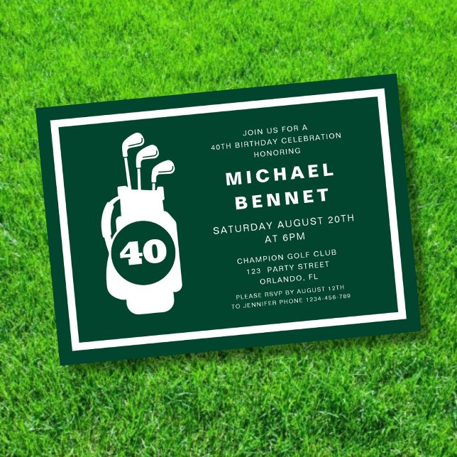 Invitación Cumpleaños 40 Modern Green Golf (Modern Green Golf 40th Birthday Invitation)