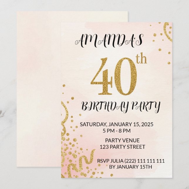 Invitación Cumpleaños 40 Moderno con Brillo Dorado (Anverso / Reverso)