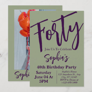 Invitación Cumpleaños 40 Moderno Fiesta Foto Verde Salvia 