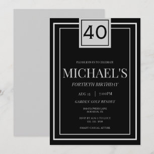 Invitación Cumpleaños 40 Moderno Masculino Plata y Negro