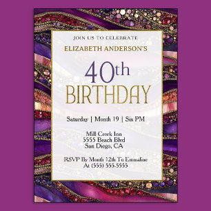 Invitación Cumpleaños 40 Moderno Morado Dorado Con Joyas Estr