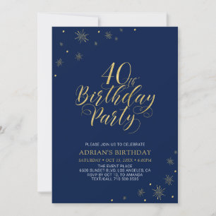 Invitación Cumpleaños 40 moderno y chic   Oro y azul marino