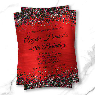 Invitación Cumpleaños 40 Monograma con Purpurina Negra y Hoja