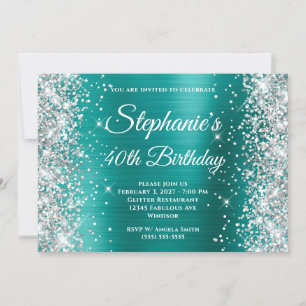 Invitación Cumpleaños 40 Monograma Glitter Plateado Aqua Verd
