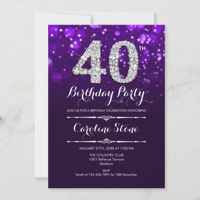 Invitación Cumpleaños 40 - Morado Plateado (Anverso)