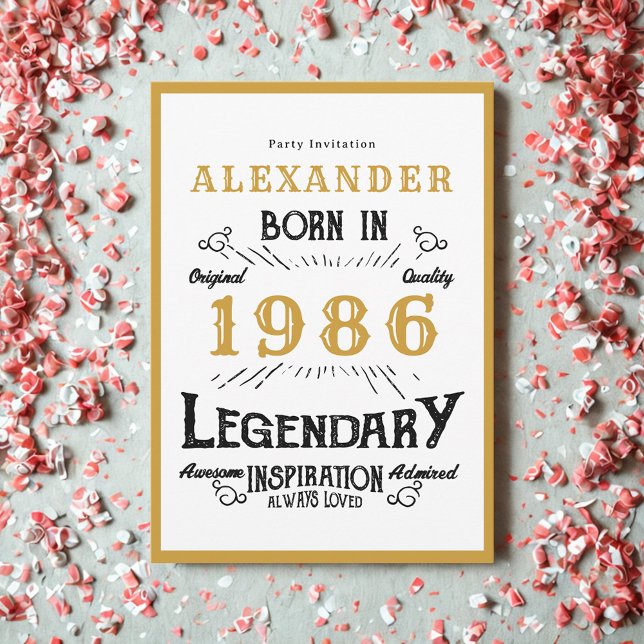 Invitación Cumpleaños 40 Nacido en 1986 Leyenda de Oro Blanco (Born 1986 birthday invitation.)