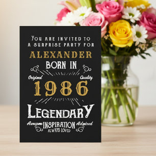 Invitación Cumpleaños 40 Nacido en 1986 Negro Oro Retro Vinta
