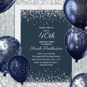 Invitación Cumpleaños 40 Navy Blue Silver Diamond Glitter