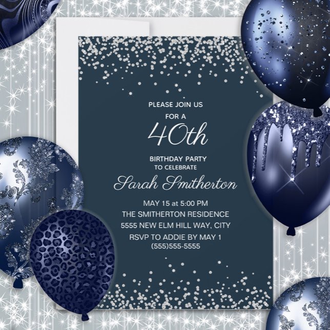Invitación Cumpleaños 40 Navy Blue Silver Diamond Glitter (Navy blue and silver glitter women's 40th birthday party invitation)