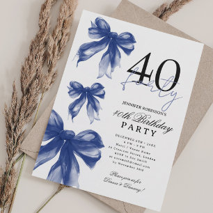 Invitación Cumpleaños 40 Navy Blue Watercolor Coquette Bow