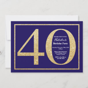 Invitación Cumpleaños 40 Navy Blue y Glitter Dorado
