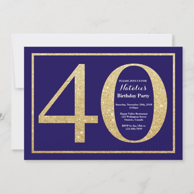 Invitación Cumpleaños 40 Navy Blue y Glitter Dorado (Anverso)