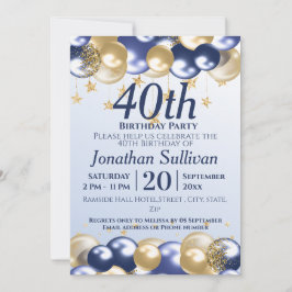 Invitación Cumpleaños 40 Navy Globos de Oro Fiesta