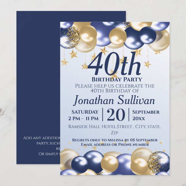 Invitación Cumpleaños 40 Navy Globos de Oro Fiesta (Anverso / Reverso)