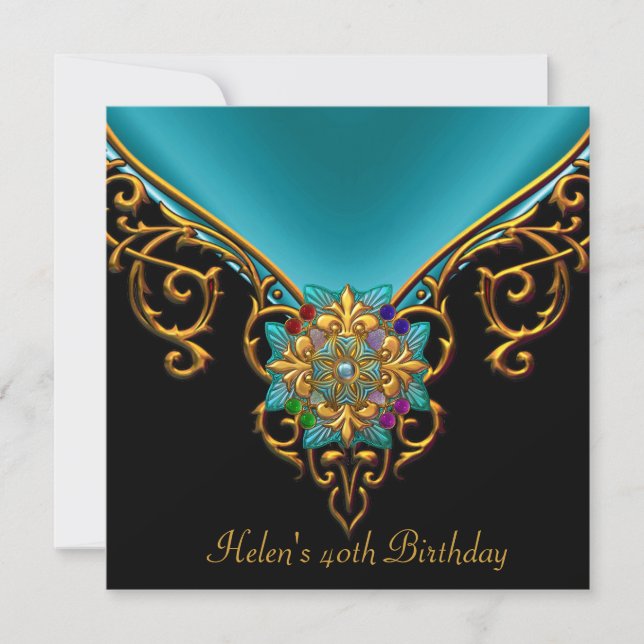 Invitación Cumpleaños 40 negro azul teal dorado joya (Anverso)