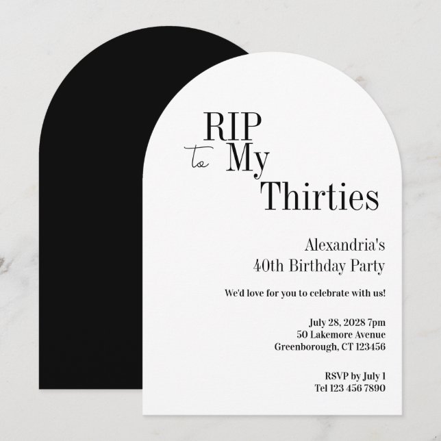 Invitación Cumpleaños 40 negro blanco minimalista RIP 30s (Anverso / Reverso)