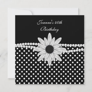 Invitación Cumpleaños 40 Negro Blanco Perla Flor Mancha