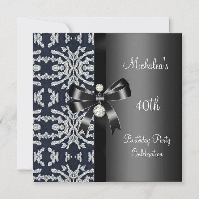 Invitación Cumpleaños 40 Negro Blanco Plata Floral Joya Arco (Anverso)