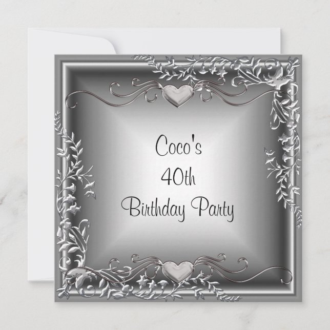 Invitación Cumpleaños 40 Negro Floral Plata (Anverso)