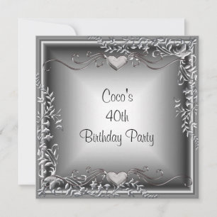 Invitación Cumpleaños 40 Negro Floral Plata