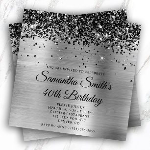 Invitación Cumpleaños 40 Negro Glitter Plata Hoja