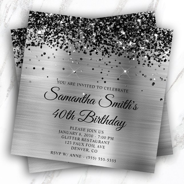 Invitación Cumpleaños 40 Negro Glitter Plata Hoja (Black Glitter Silver Gold Foil 40th Birthday Invitation)