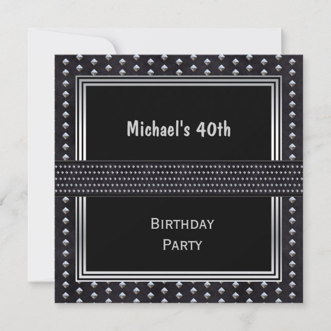 Invitación Cumpleaños 40 Negro Plata Tachuelas (Anverso)