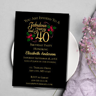 Invitación Cumpleaños 40 negro y dorado con rosas
