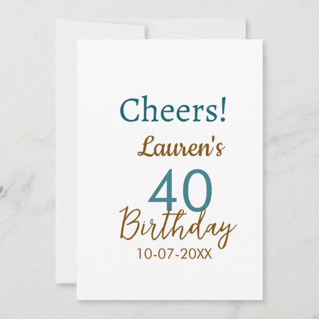 Invitación Cumpleaños 40 nombre fecha marrón turquesa sim (Anverso)