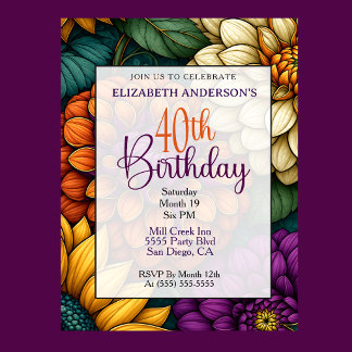 Invitación Cumpleaños 40 Opulento Floral de Otoño