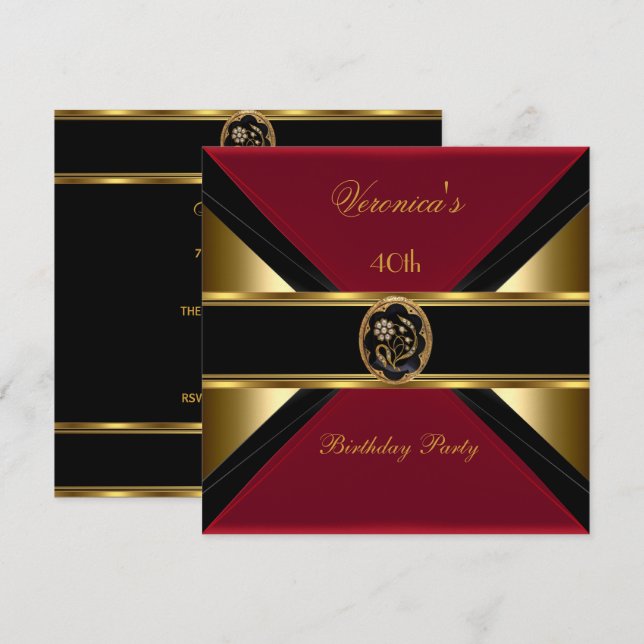 Invitación Cumpleaños 40 Oro Negro Terciopelo Falso Joya Roja (Anverso / Reverso)