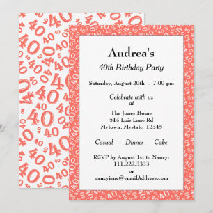 Invitación Cumpleaños 40 Patrón de Número Aleatorio Coral/Bla