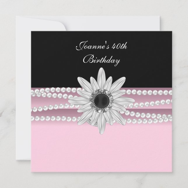 Invitación Cumpleaños 40 Pink Black White Pearl Flower (Anverso)