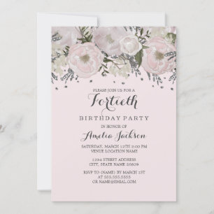 Invitación Cumpleaños 40 Pretty Blush Pink Silver Floral
