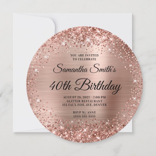 Invitación Cumpleaños 40 Redondeado con Glitter de Rosa Dorad (Anverso)