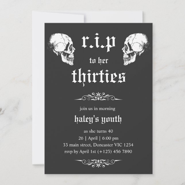 Invitación Cumpleaños 40 RIP 30s a su Twenties Cráneos Goth (Anverso)